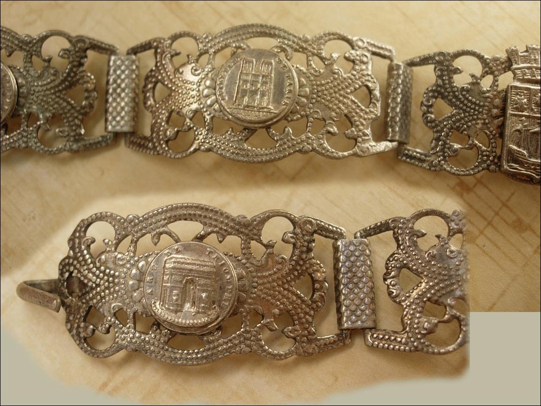 Vintage French Depose Deco sterling Paris fob Bracelet hinged tourist bracelet Eiffel tower fob