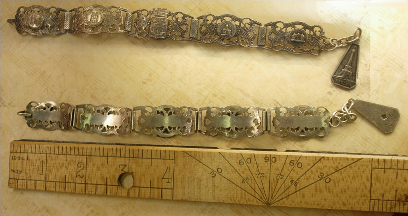 Vintage French Depose Deco sterling Paris fob Bracelet hinged tourist bracelet Eiffel tower fob