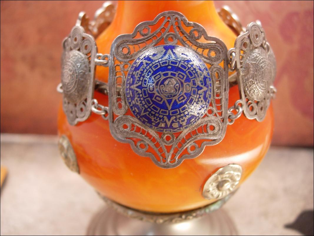 Vintage sterling bracelet enamel European blue silver filigree celestial design