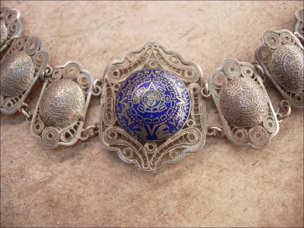 Vintage sterling bracelet enamel European blue silver filigree celestial design