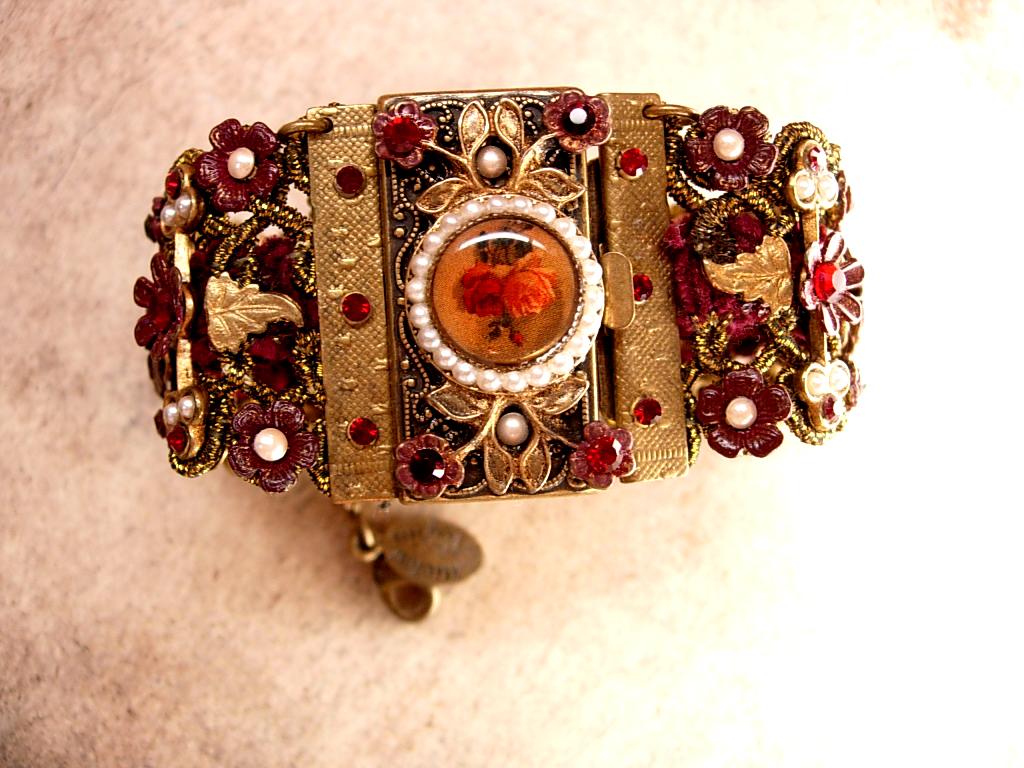 MIchal Negrin bracelet Victorian SIgned wide brass and floral with pearls