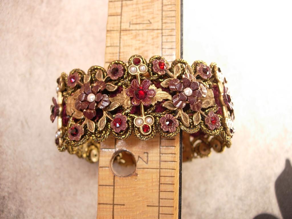 MIchal Negrin bracelet Victorian SIgned wide brass and floral with pearls