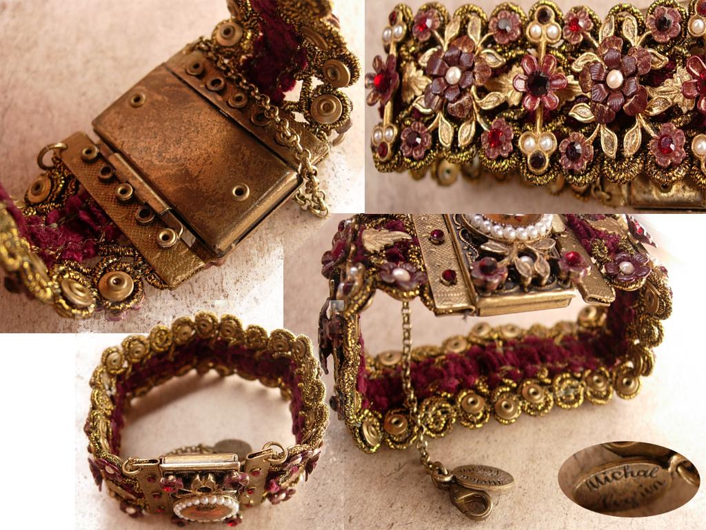 MIchal Negrin bracelet Victorian SIgned wide brass and floral with pearls