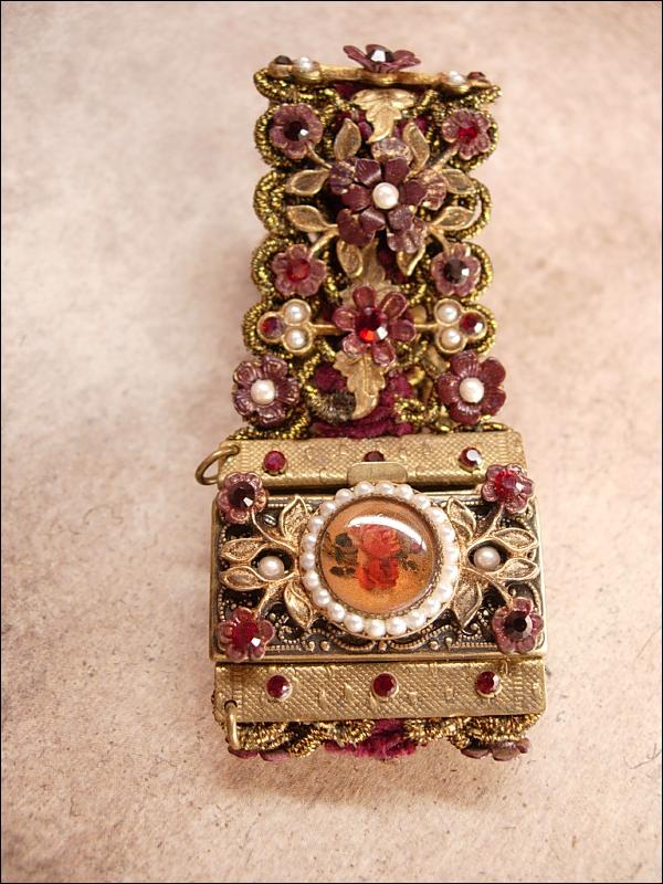 MIchal Negrin bracelet Victorian SIgned wide brass and floral with pearls
