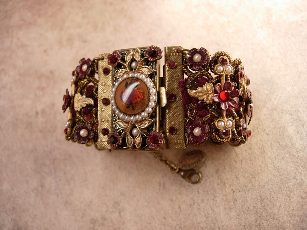 MIchal Negrin bracelet Victorian SIgned wide brass and floral with pearls