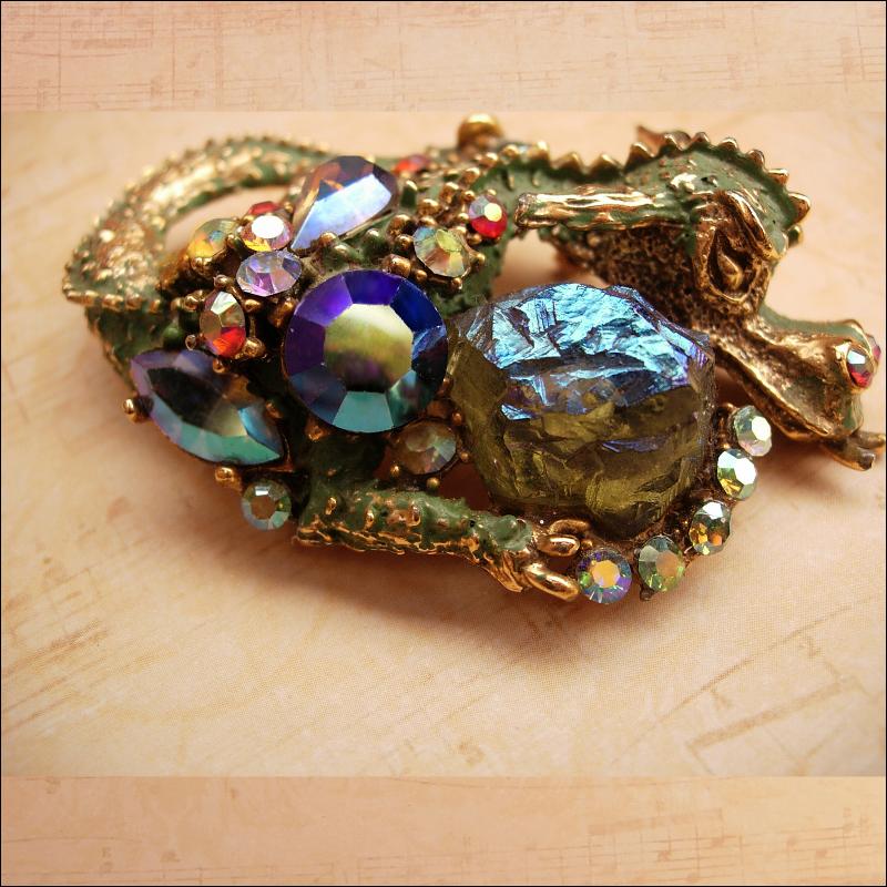 Gorgeous Vintage HAR Enamel Rhinestone Dragon brooch HUGE aurora borealis stones