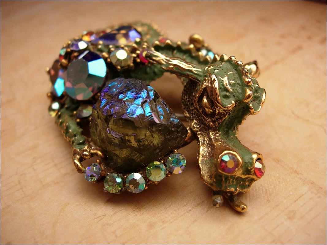 Gorgeous Vintage HAR Enamel Rhinestone Dragon brooch HUGE aurora borealis stones