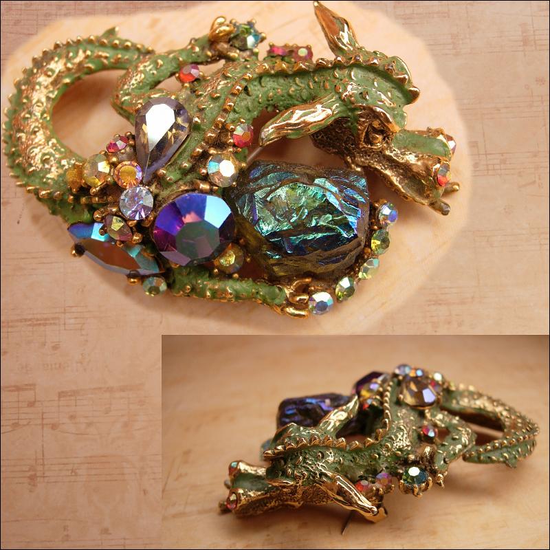 Gorgeous Vintage HAR Enamel Rhinestone Dragon brooch HUGE aurora borealis stones
