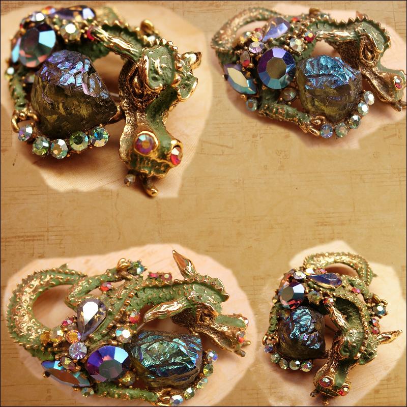 Gorgeous Vintage HAR Enamel Rhinestone Dragon brooch HUGE aurora borealis stones