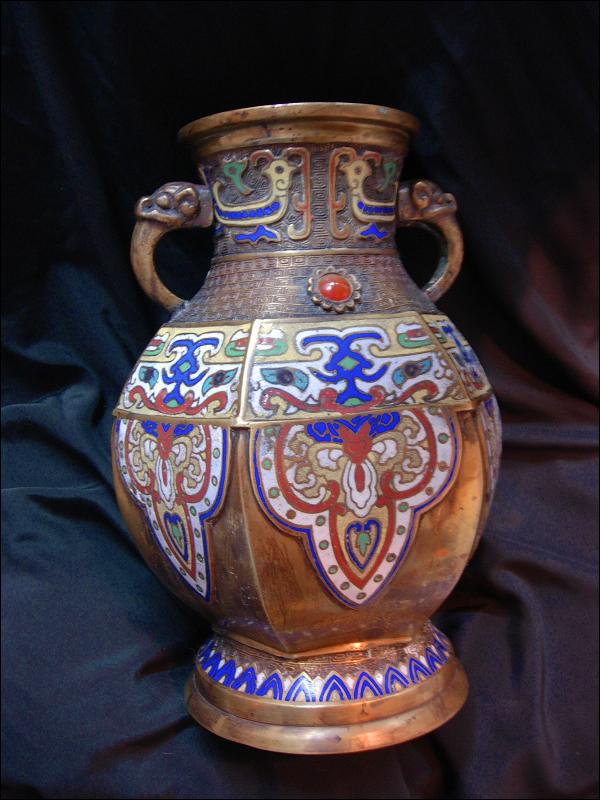 Large ANtique Chinese Champleve Enamel Vase Elephant handles Urn with jewels