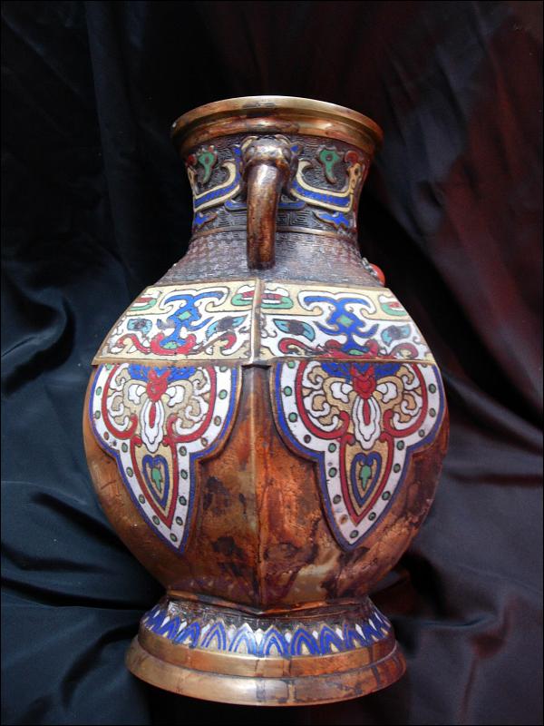 Large ANtique Chinese Champleve Enamel Vase Elephant handles Urn with jewels