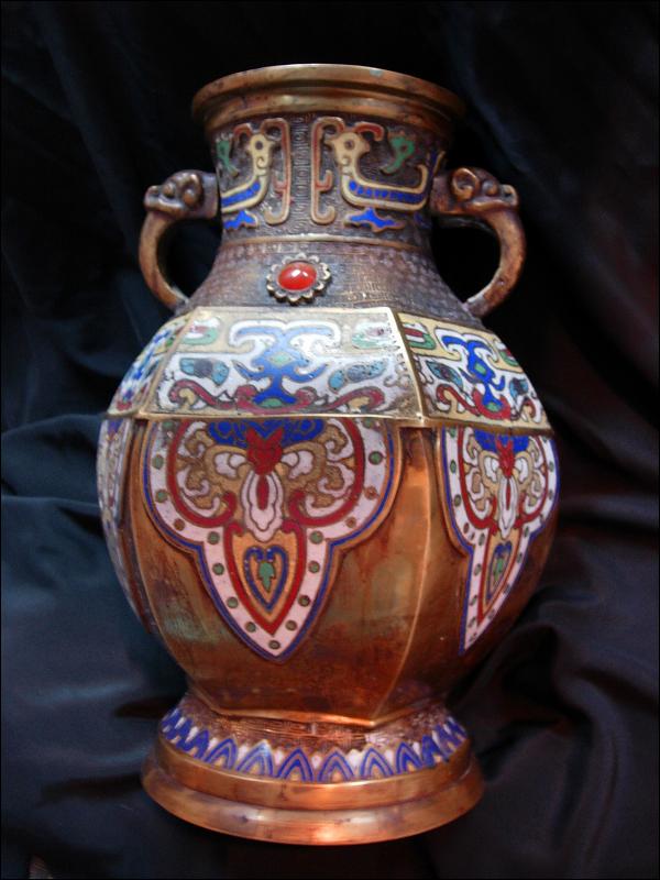 Large ANtique Chinese Champleve Enamel Vase Elephant handles Urn with jewels