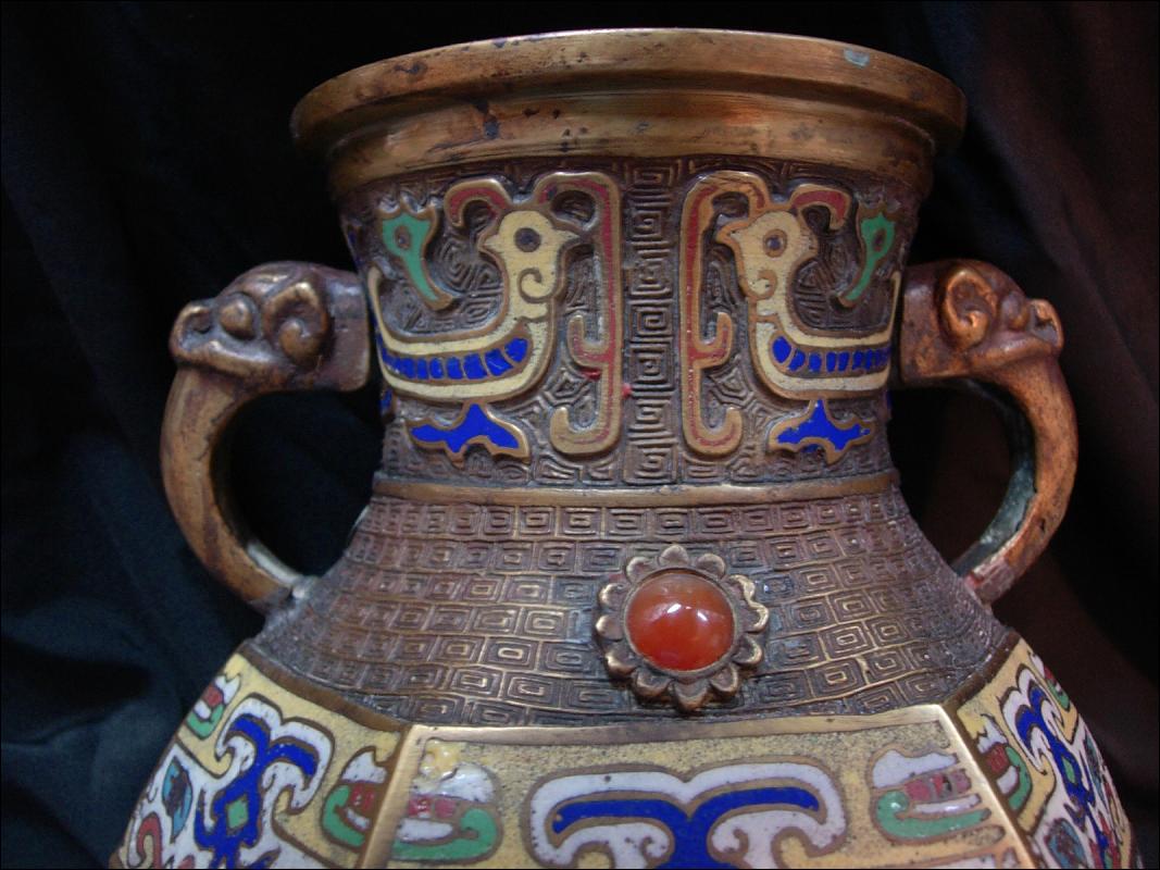 Large ANtique Chinese Champleve Enamel Vase Elephant handles Urn with jewels