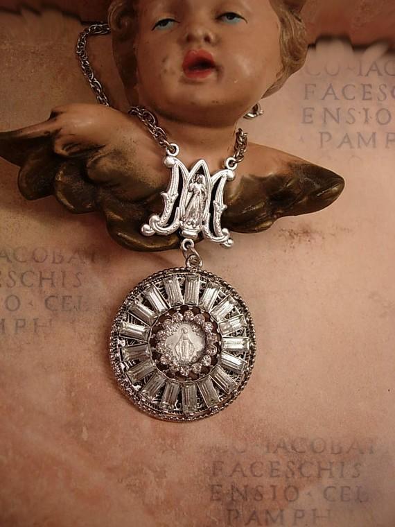 French Miraculous sacred heart necklace Rhinestones