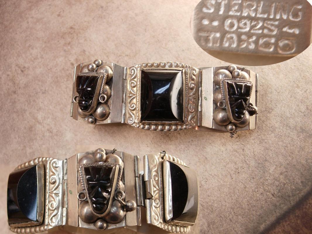 Vintage STERLING Mexico Bracelet SIGNED Black Onyx carved figural heads