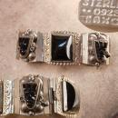 Vintage STERLING Mexico Bracelet SIGNED Black Onyx carved figural heads