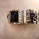Vintage STERLING Mexico Bracelet SIGNED Black Onyx carved figural heads