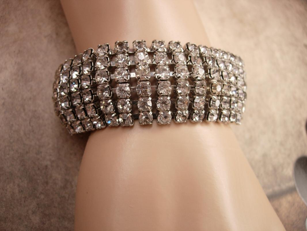 Vintage 6 Row WEISS Rhinestone Bracelet Signed Wide wedding bracelet PURE Glam