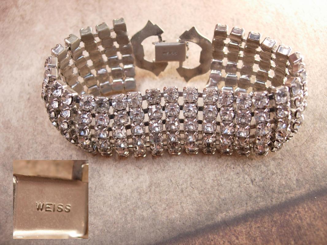 Vintage 6 Row WEISS Rhinestone Bracelet Signed Wide wedding bracelet PURE Glam