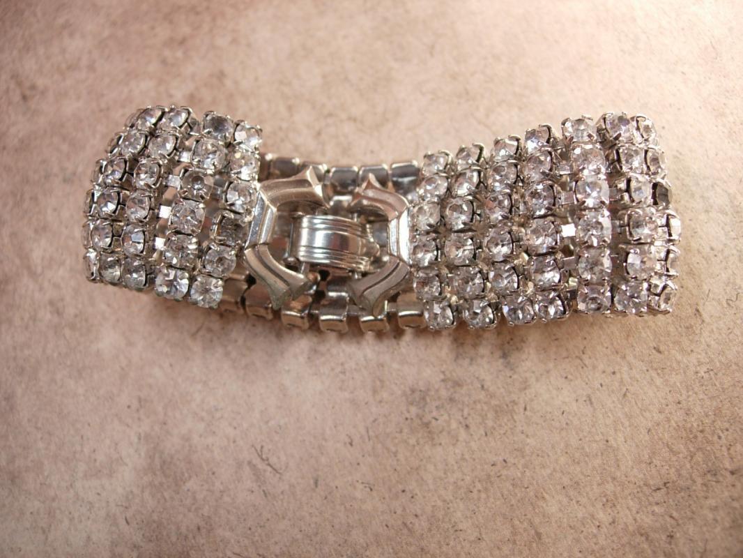 Vintage 6 Row WEISS Rhinestone Bracelet Signed Wide wedding bracelet PURE Glam
