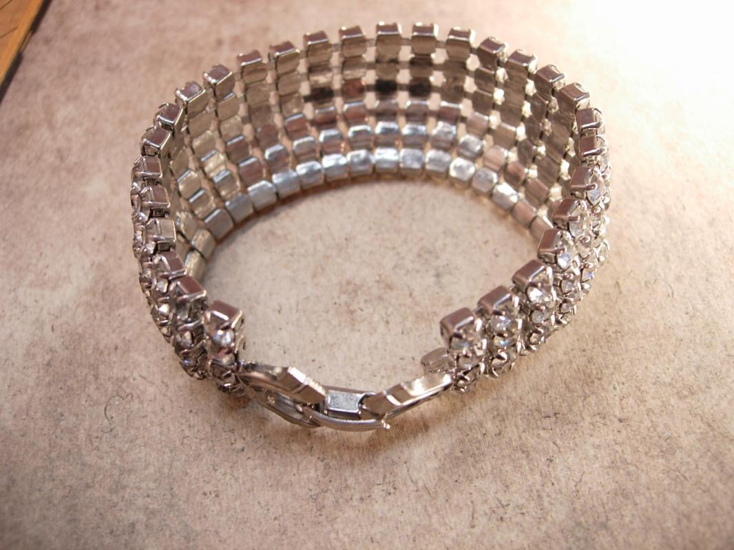 Vintage 6 Row WEISS Rhinestone Bracelet Signed Wide wedding bracelet PURE Glam