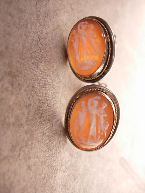 Antique 3 Graces Cameo earrings Sterling Screw on carved figural Neoclassical
