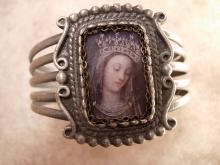 Vintage Madonna Bracelet Holy card devotional Religious Assemblage Gunmetal cuff