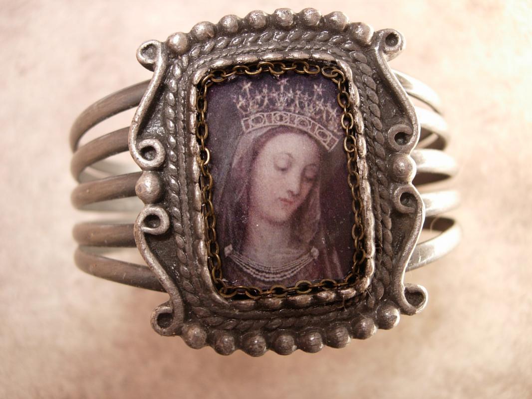 Vintage Madonna Bracelet Holy card devotional Religious Assemblage Gunmetal cuff