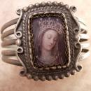 Vintage Madonna Bracelet Holy card devotional Religious Assemblage Gunmetal cuff