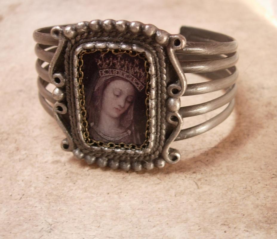 Vintage Madonna Bracelet Holy card devotional Religious Assemblage Gunmetal cuff