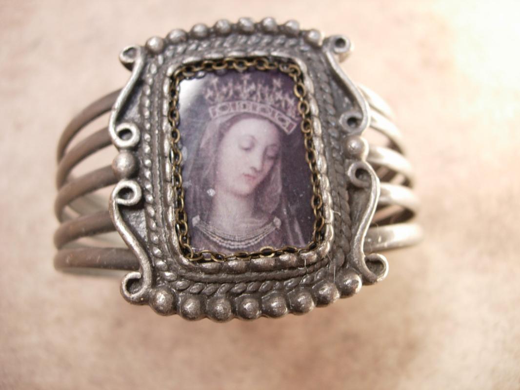 Vintage Madonna Bracelet Holy card devotional Religious Assemblage Gunmetal cuff