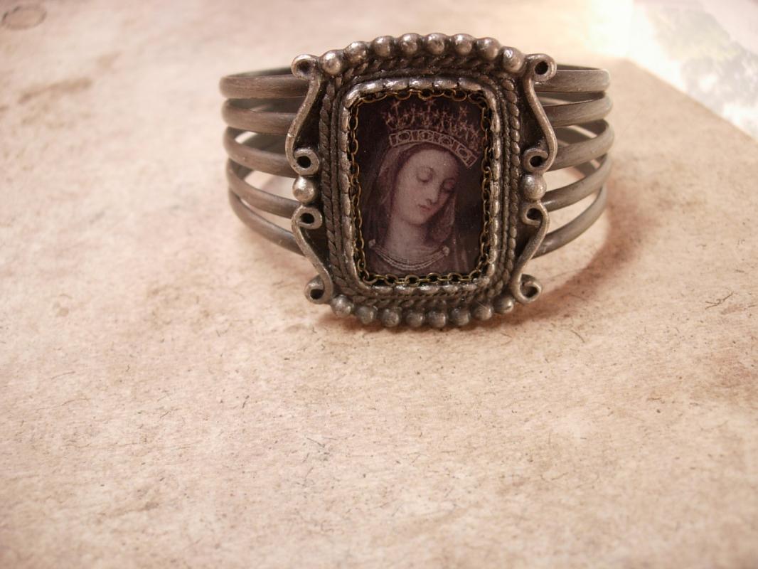 Vintage Madonna Bracelet Holy card devotional Religious Assemblage Gunmetal cuff