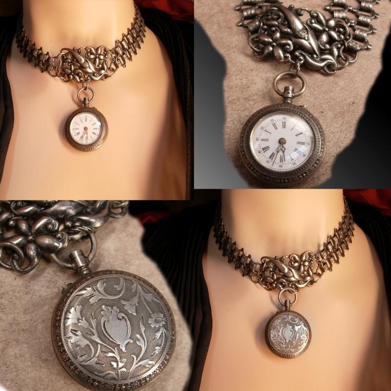 Antique sterling Pocketwatch Bookchain necklace Double strand highly ornate