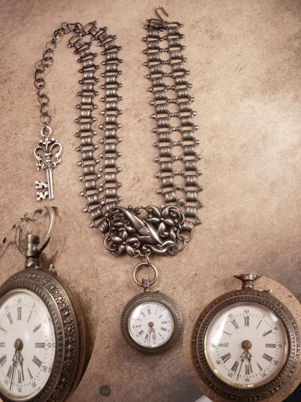 Antique sterling Pocketwatch Bookchain necklace Double strand highly ornate