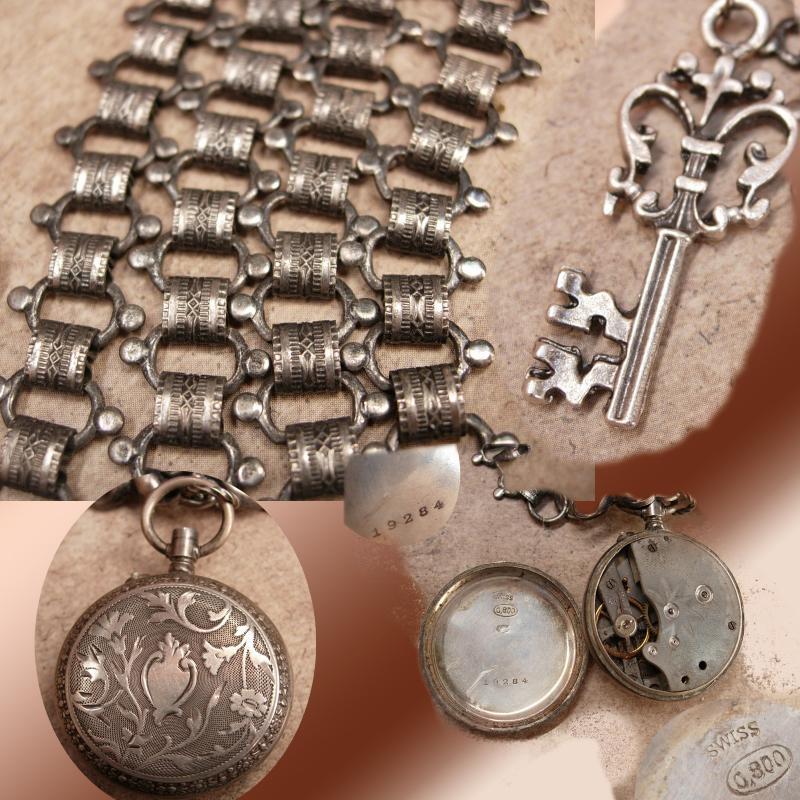 Antique sterling Pocketwatch Bookchain necklace Double strand highly ornate