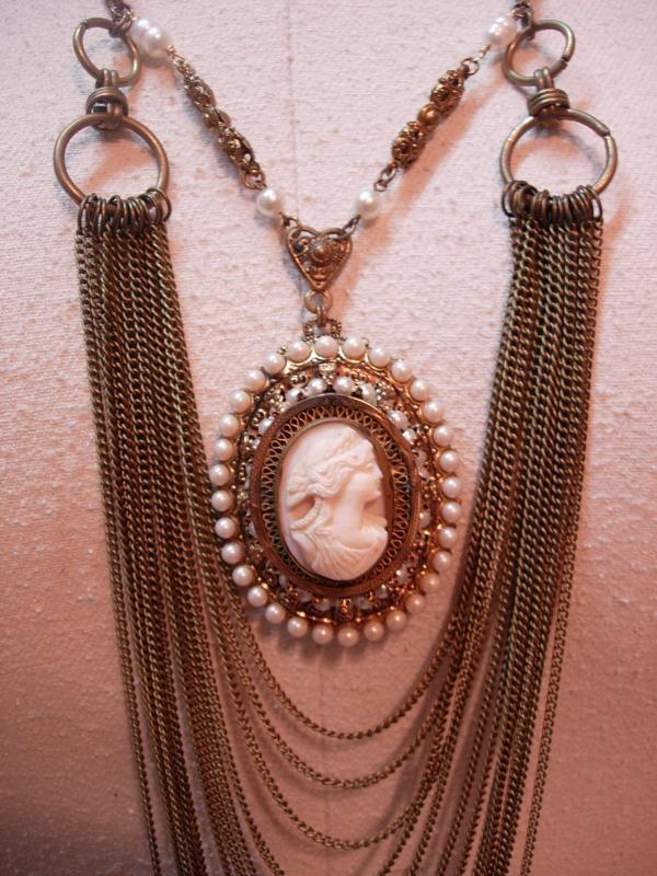 Vintage Angel Skin Coral Cameo Necklace genuine pearls Huge statement piece