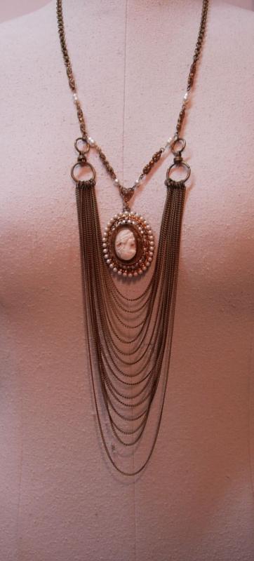 Vintage Angel Skin Coral Cameo Necklace genuine pearls Huge statement piece