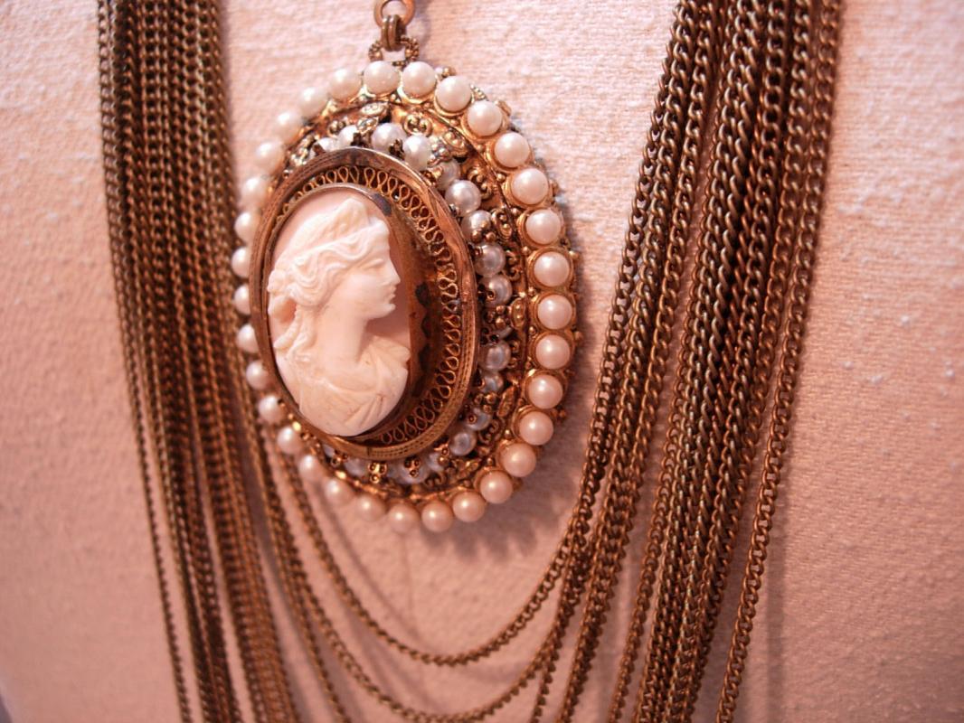 Vintage Angel Skin Coral Cameo Necklace genuine pearls Huge statement piece