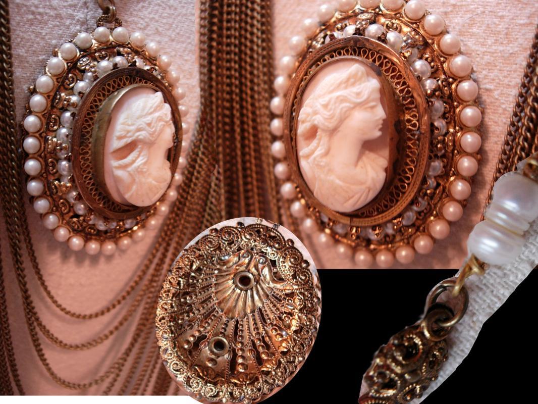 Vintage Angel Skin Coral Cameo Necklace genuine pearls Huge statement piece