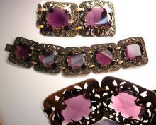 STUNNING Antique Amethyst Glass Victorian moon bracelet Wide ornate links