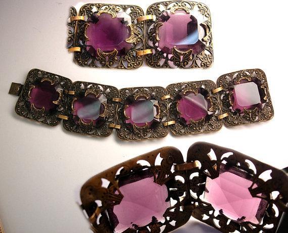 STUNNING Antique Amethyst Glass Victorian moon bracelet Wide ornate links