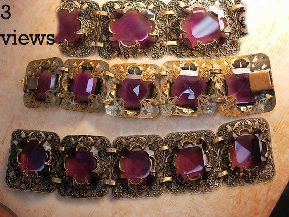 STUNNING Antique Amethyst Glass Victorian moon bracelet Wide ornate links