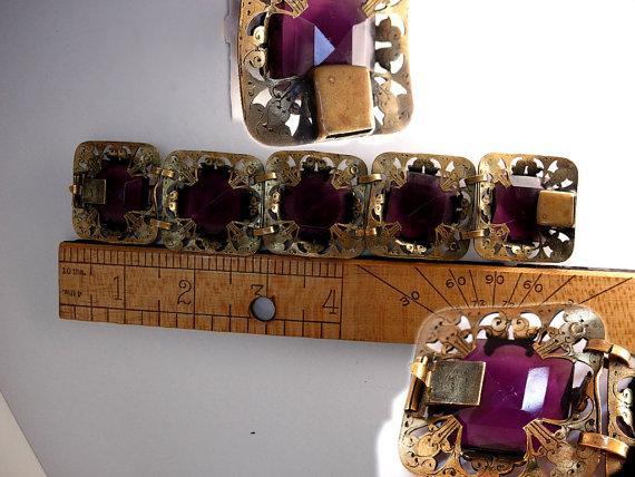 STUNNING Antique Amethyst Glass Victorian moon bracelet Wide ornate links