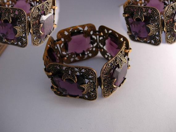 STUNNING Antique Amethyst Glass Victorian moon bracelet Wide ornate links