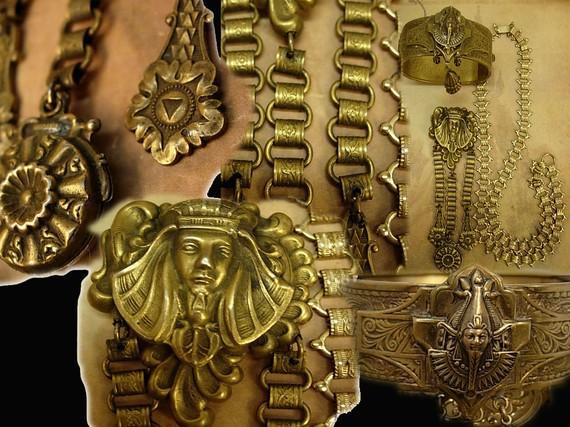 VIntage bookchain bracelet Necklace Art Deco Egyptian Revival Pharaoh parure and fur clip