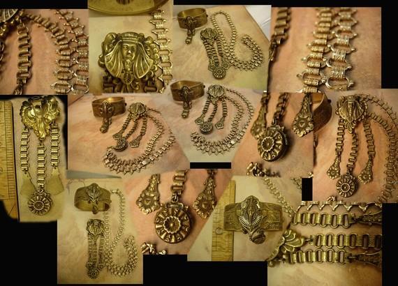 VIntage bookchain bracelet Necklace Art Deco Egyptian Revival Pharaoh parure and fur clip
