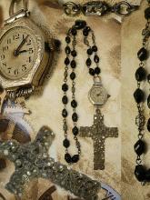 Victorian Paste cross deco watch necklace Black rosary bead necklace