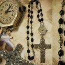 Victorian Paste cross deco watch necklace Black rosary bead necklace