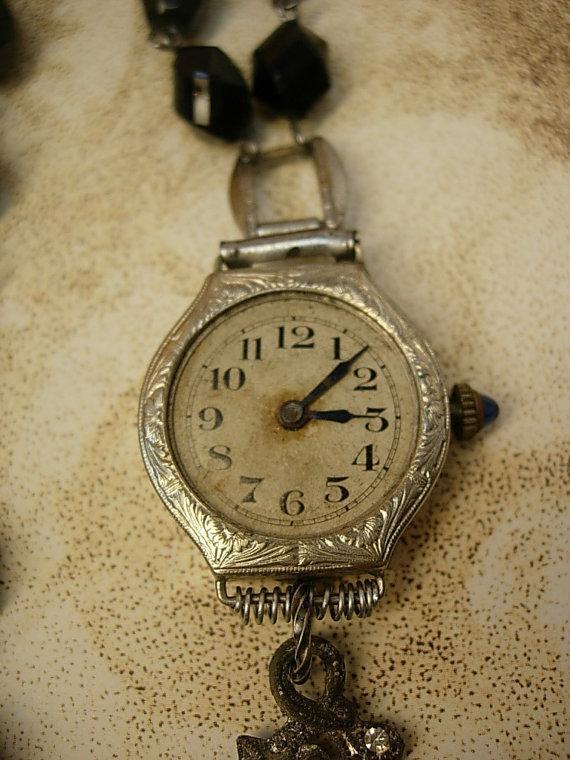 Victorian Paste cross deco watch necklace Black rosary bead necklace