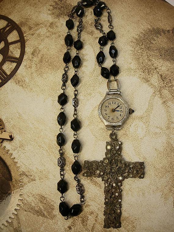 Victorian Paste cross deco watch necklace Black rosary bead necklace